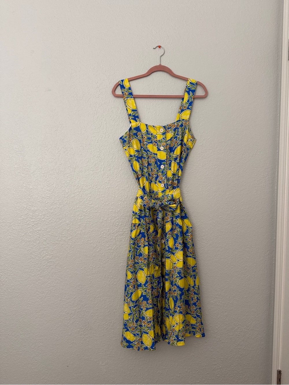 NWOT Yellow & Blue Lemon-Print Midi Dress with Tie Waist - Picture 9 of 16